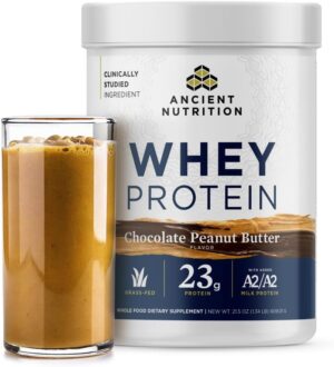 Ancient Nutrition Grass Fed Whey Protein, Chocolate Peanut Butter, 23g Protein, 18 Servings, Hydrolyzed Collagen Peptides, Organic Regenerative A2/A2 Milk Protein Ancient Nutrition Grass Fed Whey Protein, Chocolate Peanut Butter, 23g Protein, 18 Servings, Hydrolyzed Collagen Peptides, Organic Regenerative A2/A2 Milk Protein