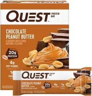 Quest Nutrition Chocolate Peanut Butter Protein Bars, 20g Protein, 1g Sugar, 5g Net Carb, Gluten Free, Keto Friendly, 4 Count Quest Nutrition Chocolate Peanut Butter Protein Bars, 20g Protein, 1g Sugar, 5g Net Carb, Gluten Free, Keto Friendly, 4 Count
