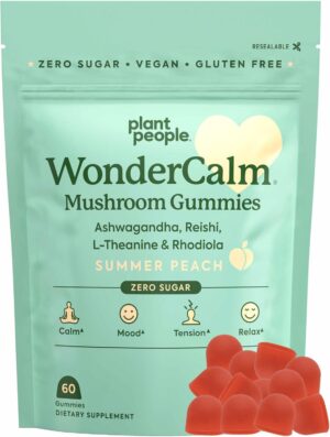 Plant People WonderCalm Mushroom Gummies – Natural Ashwagandha Supplement to Ease Stress & Boost Mood for Adults Without Sugar, Gluten or Artificial Colors, Vegan-Friendly, Peach Flavor, 60 Count Plant People WonderCalm Mushroom Gummies – Natural Ashwagandha Supplement to Ease Stress & Boost Mood for Adults Without Sugar, Gluten or Artificial Colors, Vegan-Friendly, Peach Flavor, 60 Count