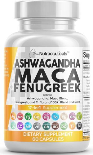 Clean Nutraceuticals Ashwagandha Maca Root Fenugreek Supplement with Tongkat Ali Ginseng – Assists with Stress, Mood & Thyroid – Ashwagandha Capsules Fenugreek Caps – 1 Pack Clean Nutraceuticals Ashwagandha Maca Root Fenugreek Supplement with Tongkat Ali Ginseng – Assists with Stress, Mood & Thyroid – Ashwagandha Capsules Fenugreek Caps – 1 Pack