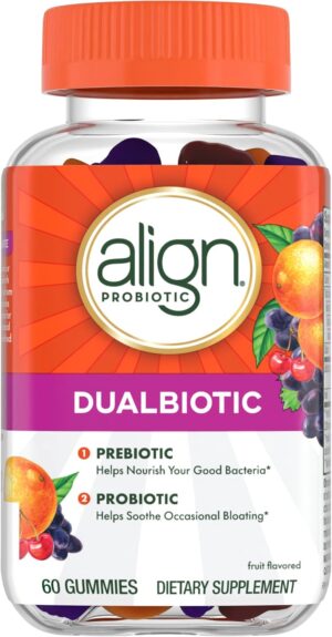 Align DualBiotic, Prebiotic + Probiotic for Women and Men, Help Nourish and Add Good Bacteria for Digestive Support, Natural Fruit Flavors, 60 Gummies Align DualBiotic, Prebiotic + Probiotic for Women and Men, Help Nourish and Add Good Bacteria for Digestive Support, Natural Fruit Flavors, 60 Gummies