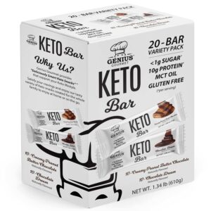 Genius Gourmet Gluten Free Keto Protein Bar, Chocolate Keto Bars, Premium MCTs, Low Carb, Low Sugar (Variety Pack, 20 Count (Pack of 1)) Genius Gourmet Gluten Free Keto Protein Bar, Chocolate Keto Bars, Premium MCTs, Low Carb, Low Sugar (Variety Pack, 20 Count (Pack of 1))
