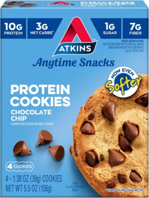 Atkins Chocolate Chip Protein Cookie, Protein Dessert, Rich in Fiber, 3g Net Carb, 1g Sugar, Keto Friendly, 4 Count Atkins Chocolate Chip Protein Cookie, Protein Dessert, Rich in Fiber, 3g Net Carb, 1g Sugar, Keto Friendly, 4 Count