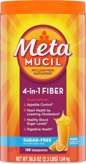 Metamucil 4 in 1 Daily Fiber Supplement Powder, Fiber Powder for Digestive Health and Regularity*, Sugar-Free, Orange, Naturally Sourced Psyllium Fiber, 180 teaspoons Metamucil 4 in 1 Daily Fiber Supplement Powder, Fiber Powder for Digestive Health and Regularity*, Sugar-Free, Orange, Naturally Sourced Psyllium Fiber, 180 teaspoons
