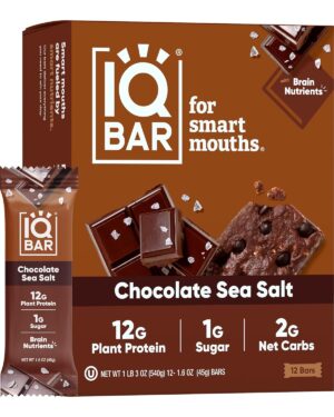 IQBAR Brain and Body Plant Protein Bars – Chocolate Sea Salt – 12-Count Low Carb – Gluten Free, High Fiber, Vegan Snacks – Low Sugar Meal Replacement IQBAR Brain and Body Plant Protein Bars – Chocolate Sea Salt – 12-Count Low Carb – Gluten Free, High Fiber, Vegan Snacks – Low Sugar Meal Replacement