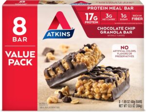 Atkins Chocolate Chip Granola Protein Meal Bar, High Fiber, 17g Protein, 1g Sugar, 3g Net Carbs, Meal Replacement, Keto Friendly, 8 Count Atkins Chocolate Chip Granola Protein Meal Bar, High Fiber, 17g Protein, 1g Sugar, 3g Net Carbs, Meal Replacement, Keto Friendly, 8 Count