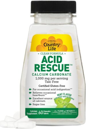 Country Life Acid Rescue Chewable Tablets – Certified Vegan & Gluten-Free Heartburn Relief, 400mg Calcium & Magnesium, Non-GMO, Sugar-Free Mint Flavor, Supports Bone Health, 60 Count Country Life Acid Rescue Chewable Tablets – Certified Vegan & Gluten-Free Heartburn Relief, 400mg Calcium & Magnesium, Non-GMO, Sugar-Free Mint Flavor, Supports Bone Health, 60 Count