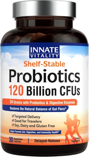 Innate Vitality Probiotics 120 Billion CFUs for Men & Women, 34 Strains with Prebiotics & Digestive Enzymes, Immune & Digestive Health, Delayed Release, Shelf Stable, 30 Vegan Capsules Innate Vitality Probiotics 120 Billion CFUs for Men & Women, 34 Strains with Prebiotics & Digestive Enzymes, Immune & Digestive Health, Delayed Release, Shelf Stable, 30 Vegan Capsules