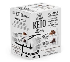 Keto Genius Gourmet Keto Protein Bars, 20 Count Variety Pack, Chocolate Dream & Chocolate Peanut Butter, 1.34 lb, Gluten Free, low sugar, low carb Keto Genius Gourmet Keto Protein Bars, 20 Count Variety Pack, Chocolate Dream & Chocolate Peanut Butter, 1.34 lb, Gluten Free, low sugar, low carb