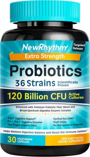 NewRhythm Probiotics 120 Billion CFU 36 Strains, 3-in-1 Probiotics for Digestive Health & Immune Support with Prebiotics & Enzymes, Probioticos for Women & Men, Vegan Targeted Release Supplement, 30ct NewRhythm Probiotics 120 Billion CFU 36 Strains, 3-in-1 Probiotics for Digestive Health & Immune Support with Prebiotics & Enzymes, Probioticos for Women & Men, Vegan Targeted Release Supplement, 30ct