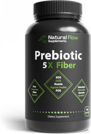 Prebiotic Fiber Supplement 5-in-1 Capsules – Natural Flow 5X Fiber XOS, GOS, FOS, Acacia and Agave Inulin, Daily Soluble Fiber Formula for Gut Support and Boost Good Bacteria Diversity, 120 Caps Prebiotic Fiber Supplement 5-in-1 Capsules – Natural Flow 5X Fiber XOS, GOS, FOS, Acacia and Agave Inulin, Daily Soluble Fiber Formula for Gut Support and Boost Good Bacteria Diversity, 120 Caps