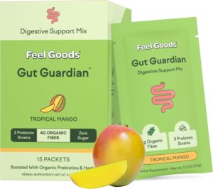 Feel Goods Gut Guardian, Organic Fiber, Probiotic & Prebiotic Powder, Sugar Free, Herbs for Bloat, Gut Health Support, Digestive Health for Men & Women, Non GMO, Vegan, Tropical Mango, 15 Servings Feel Goods Gut Guardian, Organic Fiber, Probiotic & Prebiotic Powder, Sugar Free, Herbs for Bloat, Gut Health Support, Digestive Health for Men & Women, Non GMO, Vegan, Tropical Mango, 15 Servings
