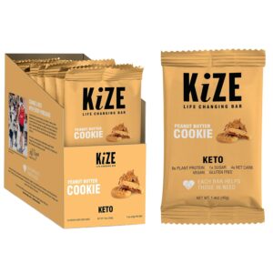 KiZE Keto Energy Bar, 1g Sugar, 4g Net Carbs, 8g Plant Based Protein, Peanut Butter Cookie, Vegan, Gluten Free, Low Sugar, Low Carb, Non-GMO, Soy Free, Mission Based, Made in The USA (10 Count) KiZE Keto Energy Bar, 1g Sugar, 4g Net Carbs, 8g Plant Based Protein, Peanut Butter Cookie, Vegan, Gluten Free, Low Sugar, Low Carb, Non-GMO, Soy Free, Mission Based, Made in The USA (10 Count)