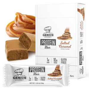 Genius Gourmet Protein Bar, Salted Caramel Keto Snack, Low Carb, Low Sugar & Gluten Free, Protein Snacks for Adults, 10G of Whey Protein per Protein Bar, 5 Net Carbs, 10 Count Genius Gourmet Protein Bar, Salted Caramel Keto Snack, Low Carb, Low Sugar & Gluten Free, Protein Snacks for Adults, 10G of Whey Protein per Protein Bar, 5 Net Carbs, 10 Count