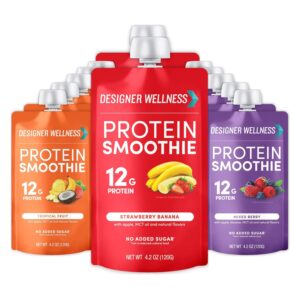 Designer Wellness Protein Smoothie, Real Fruit, 12g Protein, Low Carb, Zero Added Sugar, Gluten-Free, Non-GMO, No Artificial Colors or Flavors, Variety Pack, 12 Count Designer Wellness Protein Smoothie, Real Fruit, 12g Protein, Low Carb, Zero Added Sugar, Gluten-Free, Non-GMO, No Artificial Colors or Flavors, Variety Pack, 12 Count