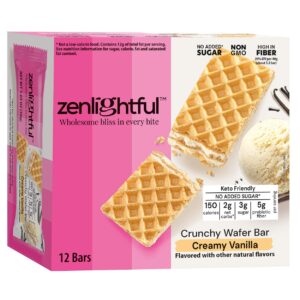 Zenlightful Creamy Vanilla Keto Bars, Low Carb (2 net carbs), Low Sugar (3g), High Fiber, Non-GMO, Vegetarian, Healthy Snacks, Delicious Crunchy Wafer Cookies with Decadent Creamy Filling, 12 Count Zenlightful Creamy Vanilla Keto Bars, Low Carb (2 net carbs), Low Sugar (3g), High Fiber, Non-GMO, Vegetarian, Healthy Snacks, Delicious Crunchy Wafer Cookies with Decadent Creamy Filling, 12 Count