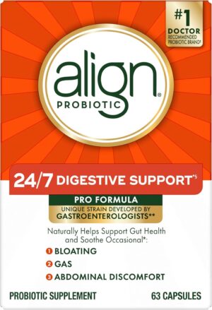Align Probiotic, Pro Formula, Probiotics for Women and Men, Daily Probiotic Supplement, Helps Soothe Occasional Bloating & Gas*, #1 Doctor Recommended Brand‡, 63 Capsules (Packaging May Vary) Align Probiotic, Pro Formula, Probiotics for Women and Men, Daily Probiotic Supplement, Helps Soothe Occasional Bloating & Gas*, #1 Doctor Recommended Brand‡, 63 Capsules (Packaging May Vary)