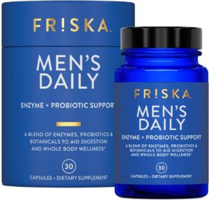 FRISKA Men’s Daily Digestive Enzyme and Probiotics Supplement, Natural Support for Male Digestive Health, Bloating, Gas, Indigestion Relief, Supports Gut Health, Lactase and B-Vitamins, 30 Capsules FRISKA Men’s Daily Digestive Enzyme and Probiotics Supplement, Natural Support for Male Digestive Health, Bloating, Gas, Indigestion Relief, Supports Gut Health, Lactase and B-Vitamins, 30 Capsules