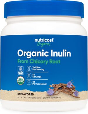Nutricost Organic Inulin Powder 1LB (454 Grams) 7 Grams of Fiber Per Serving – from Chicory Root – Certified USDA Organic Nutricost Organic Inulin Powder 1LB (454 Grams) 7 Grams of Fiber Per Serving – from Chicory Root – Certified USDA Organic