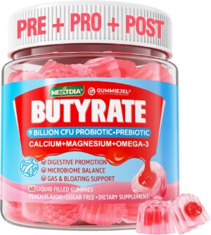 Butyrate Gummies with Probiotic + Prebiotic + Postbiotic, Omega-3 500mg,Fiber with 9 Billion CFU Probiotics, Calcium & Magnesium, Inulin,Psyllium Husk for Digestive Health,Bloating Support,Sugar Free Butyrate Gummies with Probiotic + Prebiotic + Postbiotic, Omega-3 500mg,Fiber with 9 Billion CFU Probiotics, Calcium & Magnesium, Inulin,Psyllium Husk for Digestive Health,Bloating Support,Sugar Free