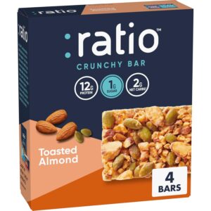 Ratio Crunchy Bar, Toasted Almond, 12g Protein, Keto Friendly, 5.8 oz (4 Bars) Ratio Crunchy Bar, Toasted Almond, 12g Protein, Keto Friendly, 5.8 oz (4 Bars)