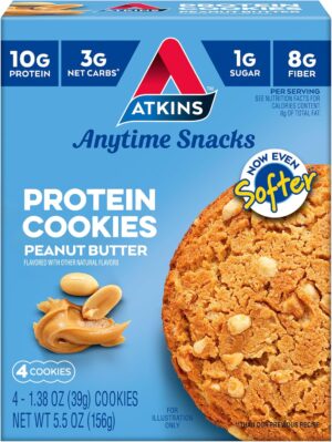 Atkins Peanut Butter Protein Cookie, Protein Dessert, Rich in Fiber, 3g Net Carb, 1g Sugar, Keto Friendly, 4 Count Atkins Peanut Butter Protein Cookie, Protein Dessert, Rich in Fiber, 3g Net Carb, 1g Sugar, Keto Friendly, 4 Count