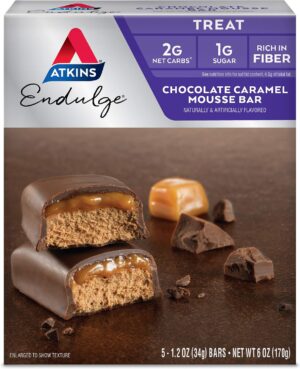 Atkins Endulge Chocolate Caramel Mousse Bar, Dessert Favorite, 1g Sugar, High in Fiber, 5 Count Atkins Endulge Chocolate Caramel Mousse Bar, Dessert Favorite, 1g Sugar, High in Fiber, 5 Count