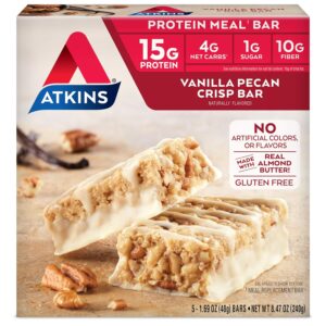 Atkins Vanilla Pecan Crisp Protein Meal Bar, High Fiber, 1g Sugar, 4g Net Carb Meal Replacement, Keto Friendly, 5 Count Atkins Vanilla Pecan Crisp Protein Meal Bar, High Fiber, 1g Sugar, 4g Net Carb Meal Replacement, Keto Friendly, 5 Count
