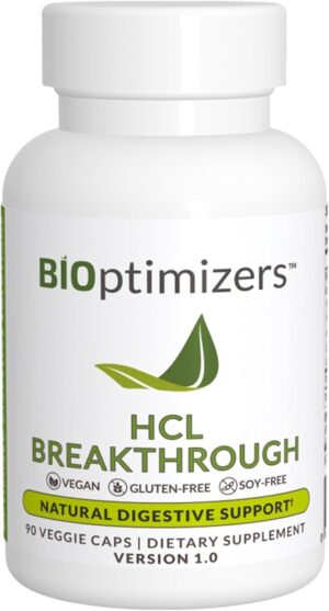 BIOptimizers HCL Breakthrough – Betaine Hydrochloride Enzymes Supplement – Assists with Protein Breakdown and Absorption – Helps Gas and Heartburn Relief – 90 Pepsin-Free Capsules BIOptimizers HCL Breakthrough – Betaine Hydrochloride Enzymes Supplement – Assists with Protein Breakdown and Absorption – Helps Gas and Heartburn Relief – 90 Pepsin-Free Capsules