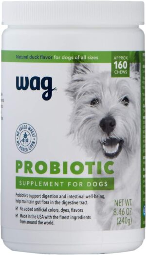 Amazon Brand – Wag Probiotic Supplement Chews for Dogs, Supports Digestive Health and Gut Flora, Natural Duck Flavor, 160 Count, Pack of 1 Amazon Brand – Wag Probiotic Supplement Chews for Dogs, Supports Digestive Health and Gut Flora, Natural Duck Flavor, 160 Count, Pack of 1