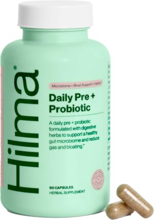 Hilma Pre and Probiotic with Herbs – Support Gut Health with Prebiotics and Probiotics, Plus Gas and Bloating Relief for Women & Men, 60 Vegan Capsules