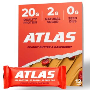 Atlas Protein Bar, 20g Protein, 1g Sugar, Clean Ingredients, Gluten Free (Peanut Butter Raspberry, 12 Count (Pack of 1)) Atlas Protein Bar, 20g Protein, 1g Sugar, Clean Ingredients, Gluten Free (Peanut Butter Raspberry, 12 Count (Pack of 1))