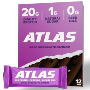 Atlas Protein Bar, 20g Protein, 1g Sugar, Clean Ingredients, Gluten Free – Dark Chocolate Almond, 12 Count Atlas Protein Bar, 20g Protein, 1g Sugar, Clean Ingredients, Gluten Free – Dark Chocolate Almond, 12 Count