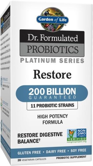 Garden of Life Dr. Formulated Probiotics Platinum Series Restore 200 Billion CFU High Potency Formula, Vegan, Non-GMO, Gluten, Dairy & Soy Free Digestive Immune Probiotic Support, 28 Capsules Garden of Life Dr. Formulated Probiotics Platinum Series Restore 200 Billion CFU High Potency Formula, Vegan, Non-GMO, Gluten, Dairy & Soy Free Digestive Immune Probiotic Support, 28 Capsules