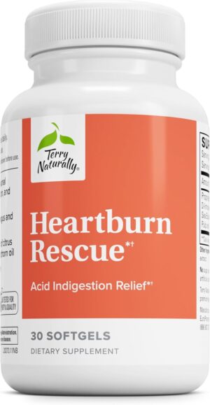 Terry Naturally Heartburn Rescue – Dietary Supplement to Aid Acid Indigestion Relief – Digestive Health Support with D-Limonene & Sea Buckthorn – Aids Occasional Heartburn Relief – 30 Softgels Terry Naturally Heartburn Rescue – Dietary Supplement to Aid Acid Indigestion Relief – Digestive Health Support with D-Limonene & Sea Buckthorn – Aids Occasional Heartburn Relief – 30 Softgels