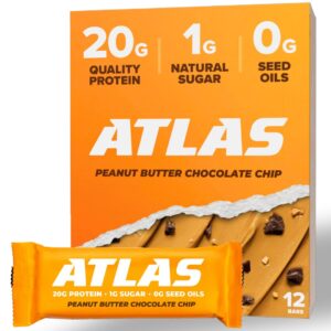 Atlas Protein Bar – 20g Clean Protein, 1g Natural Sugar, No Seed Oils, Gluten Free, No Artificial Sweeteners, Peanut Butter Chocolate Chip, 12 Count Atlas Protein Bar – 20g Clean Protein, 1g Natural Sugar, No Seed Oils, Gluten Free, No Artificial Sweeteners, Peanut Butter Chocolate Chip, 12 Count