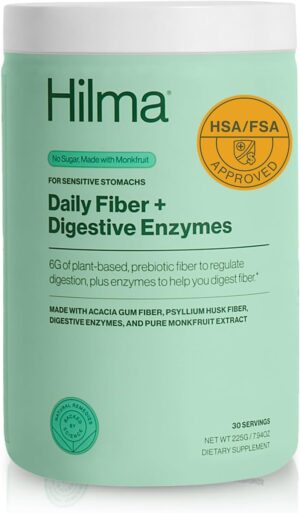 Hilma Daily Fiber and Digestive Enzymes, Fiber Supplement Powder with Prebiotics and Enzymes Formulated with Psyllium Husk and Acacia, Gluten Free, Vegan, FSA Eligible, Digestive Support, 30 Servings Hilma Daily Fiber and Digestive Enzymes, Fiber Supplement Powder with Prebiotics and Enzymes Formulated with Psyllium Husk and Acacia, Gluten Free, Vegan, FSA Eligible, Digestive Support, 30 Servings