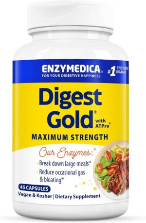 Enzymedica Digest Gold + ATPro, Maximum Strength Digestive Enzymes, Helps Digest Large Meals for Instant Bloating Relief, 45 Count Enzymedica Digest Gold + ATPro, Maximum Strength Digestive Enzymes, Helps Digest Large Meals for Instant Bloating Relief, 45 Count