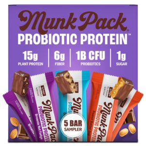 Munk Pack 15g Probiotic Protein Bars – 1g Sugar, 5g Net Carbs, Vegan + Keto Protein Bars, Plant Based Gut Health Snack, High Protein Snacks, Sampler Pack – 5 Count