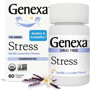 Genexa Stress for Adults | Anxiety & Irritability Relief | Fatigue Remedy | Natural Vanilla & Lavender Flavor | Gluten Free & Non-GMO | Homeopathic Remedy Made Clean | 60 Chewable Tablets Genexa Stress for Adults | Anxiety & Irritability Relief | Fatigue Remedy | Natural Vanilla & Lavender Flavor | Gluten Free & Non-GMO | Homeopathic Remedy Made Clean | 60 Chewable Tablets