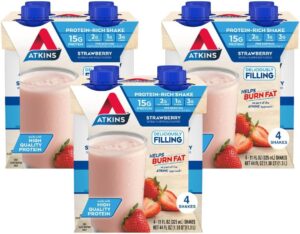 Atkins Strawberry Protein Shake, 15g Protein, Low Glycemic, 2g Net Carb, 1g Sugar, Keto Friendly, 12 Count