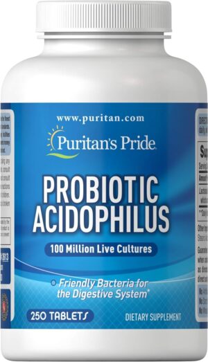 Puritan’s Pride Daily Probiotic Acidophilus, 100 Million Live Cultures, Dietary Supplement for Digestive, Gut, and Immune Health, Soy, Sodium, and Gluten Free, 8 Month Supply, 250 Tablets