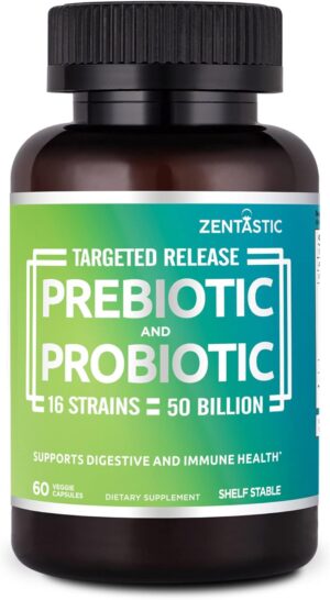 Zentastic Probiotics & Prebiotics Supplement – 50 Billion CFU – for Men & Women’s Immune & Digestive Health – 16 Strains – Shelf Stable – 60 Delayed Release Veggie Capsules
