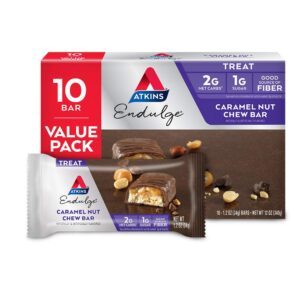 Atkins Endulge Caramel Nut Chew Bar, Dessert Favorite, 1g Sugar, Good Source of Fiber, Low Sugar, 10 Count Atkins Endulge Caramel Nut Chew Bar, Dessert Favorite, 1g Sugar, Good Source of Fiber, Low Sugar, 10 Count