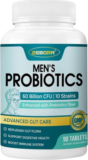 ZEBORA Probiotics for Men and Prebiotics for Digestive Health, 90 Tablets, 60 Billion CFUs for Immune and Gut Health, 10 Strains, Hypoallergenic Probiotics, Shelf Stable, Gluten & Soy Free ZEBORA Probiotics for Men and Prebiotics for Digestive Health, 90 Tablets, 60 Billion CFUs for Immune and Gut Health, 10 Strains, Hypoallergenic Probiotics, Shelf Stable, Gluten & Soy Free