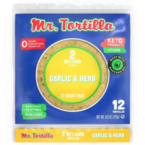 Mr. Tortilla Low Carb Keto Soft Taco Shells, Vegan, Quesadillas, Burritos, Heathy Bread Alternative, 2 Net Carbs, Delicious Small Batch Kosher Wraps – (Garlic & Herb, 12 Count) Mr. Tortilla Low Carb Keto Soft Taco Shells, Vegan, Quesadillas, Burritos, Heathy Bread Alternative, 2 Net Carbs, Delicious Small Batch Kosher Wraps – (Garlic & Herb, 12 Count)