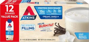 Atkins Creamy Vanilla Protein Shake, 15g Protein, Low Glycemic, 2g Net Carb, 1g Sugar, Keto Friendly, 12 Count Atkins Creamy Vanilla Protein Shake, 15g Protein, Low Glycemic, 2g Net Carb, 1g Sugar, Keto Friendly, 12 Count