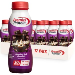 Premier Protein Indulgence Protein Shake, 30g Protein, 3g Sugar, Decadent Dark Chocolate, 11.5 fl oz, Pack of 12 Premier Protein Indulgence Protein Shake, 30g Protein, 3g Sugar, Decadent Dark Chocolate, 11.5 fl oz, Pack of 12