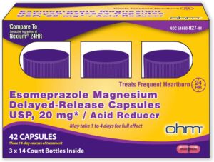 OHM Esomeprazole Magnesium USP 20mg, Delayed Release Capsules, Treats Frequent Heartburn, 42 Capsules OHM Esomeprazole Magnesium USP 20mg, Delayed Release Capsules, Treats Frequent Heartburn, 42 Capsules