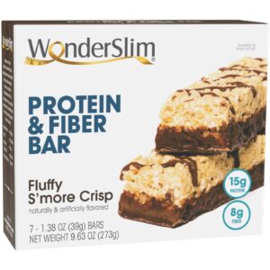 Wonderslim High Fiber Protein Bars, Fluffy S’more Crisp | 15g Protein, 8g Fiber | Low Sugar, Low Carb | Healthy Indulgence | Satisfying, Supports Energy & On-the-Go Convenience, 7 Pack Wonderslim High Fiber Protein Bars, Fluffy S’more Crisp | 15g Protein, 8g Fiber | Low Sugar, Low Carb | Healthy Indulgence | Satisfying, Supports Energy & On-the-Go Convenience, 7 Pack